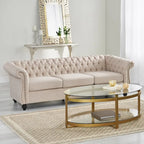 84.75" Chesterfield Button Tufted 3-Seater Sofa with Scrolled Arms & Nailhead Accents, Beige