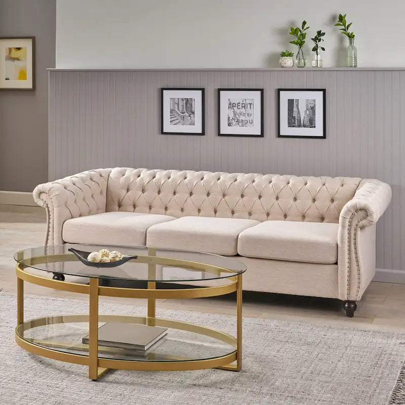 84.75" Chesterfield Button Tufted 3-Seater Sofa with Scrolled Arms & Nailhead Accents, Beige