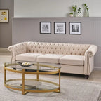 84.75" Chesterfield Button Tufted 3-Seater Sofa with Scrolled Arms & Nailhead Accents, Beige
