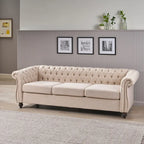 84.75" Chesterfield Button Tufted 3-Seater Sofa with Scrolled Arms & Nailhead Accents, Beige