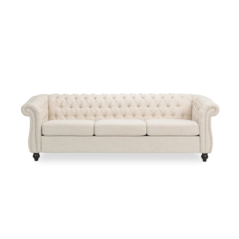 84.75" Chesterfield Button Tufted 3-Seater Sofa with Scrolled Arms & Nailhead Accents, Beige