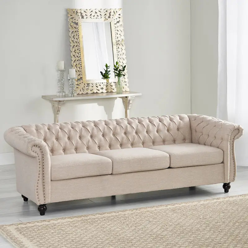 84.75" Chesterfield Button Tufted 3-Seater Sofa with Scrolled Arms & Nailhead Accents, Beige