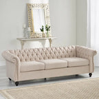 84.75" Chesterfield Button Tufted 3-Seater Sofa with Scrolled Arms & Nailhead Accents, Beige