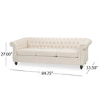 84.75" Chesterfield Button Tufted 3-Seater Sofa with Scrolled Arms & Nailhead Accents, Beige