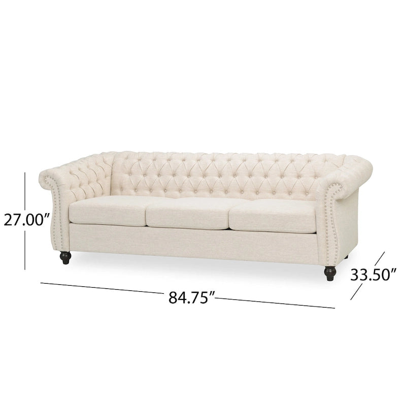 84.75" Chesterfield Button Tufted 3-Seater Sofa with Scrolled Arms & Nailhead Accents, Beige