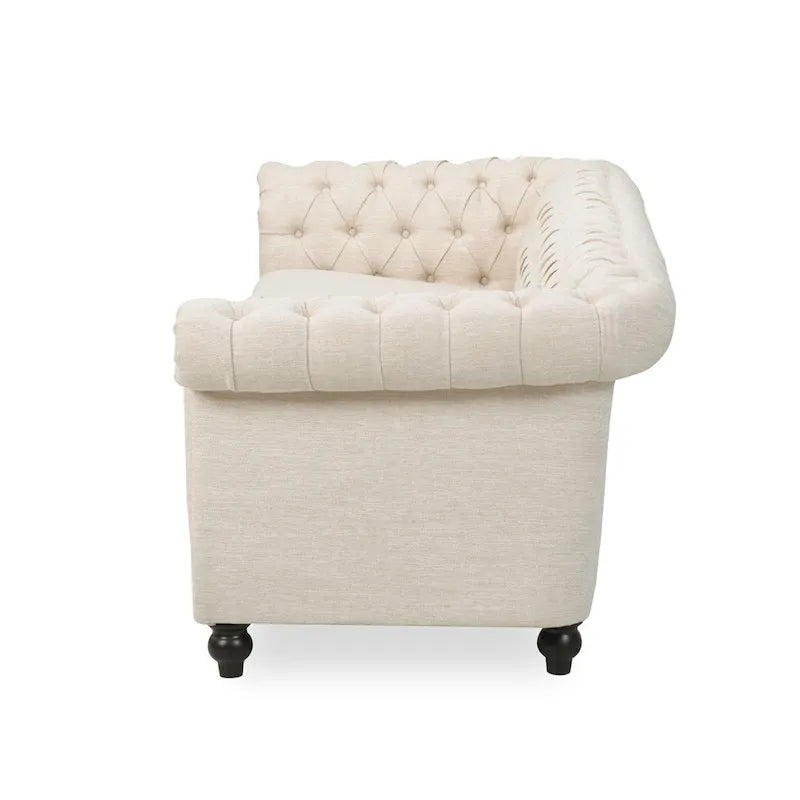 84.75" Chesterfield Button Tufted 3-Seater Sofa with Scrolled Arms & Nailhead Accents, Beige