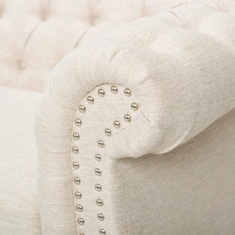 84.75" Chesterfield Button Tufted 3-Seater Sofa with Scrolled Arms & Nailhead Accents, Beige