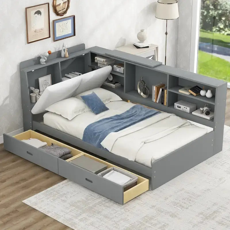 King Upholstered Bed with Storage Headboard, Trundle & 2 Under-Bed Drawers, Solid Wood & MDF