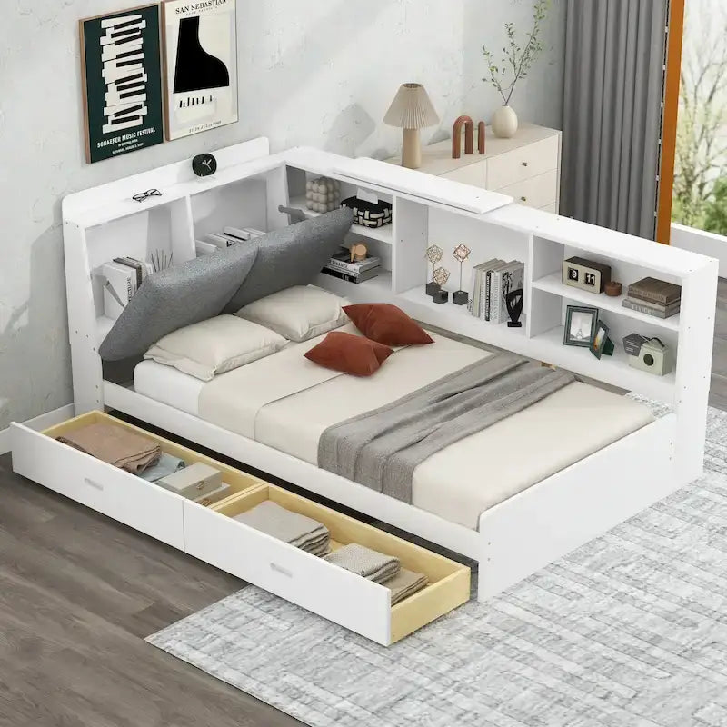 King Upholstered Bed with Storage Headboard, Trundle & 2 Under-Bed Drawers, Solid Wood & MDF