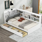 King Upholstered Bed with Storage Headboard, Trundle & 2 Under-Bed Drawers, Solid Wood & MDF