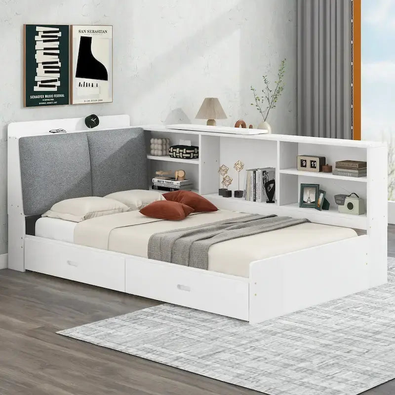 King Upholstered Bed with Storage Headboard, Trundle & 2 Under-Bed Drawers, Solid Wood & MDF