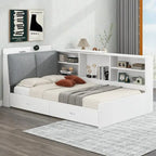 King Upholstered Bed with Storage Headboard, Trundle & 2 Under-Bed Drawers, Solid Wood & MDF
