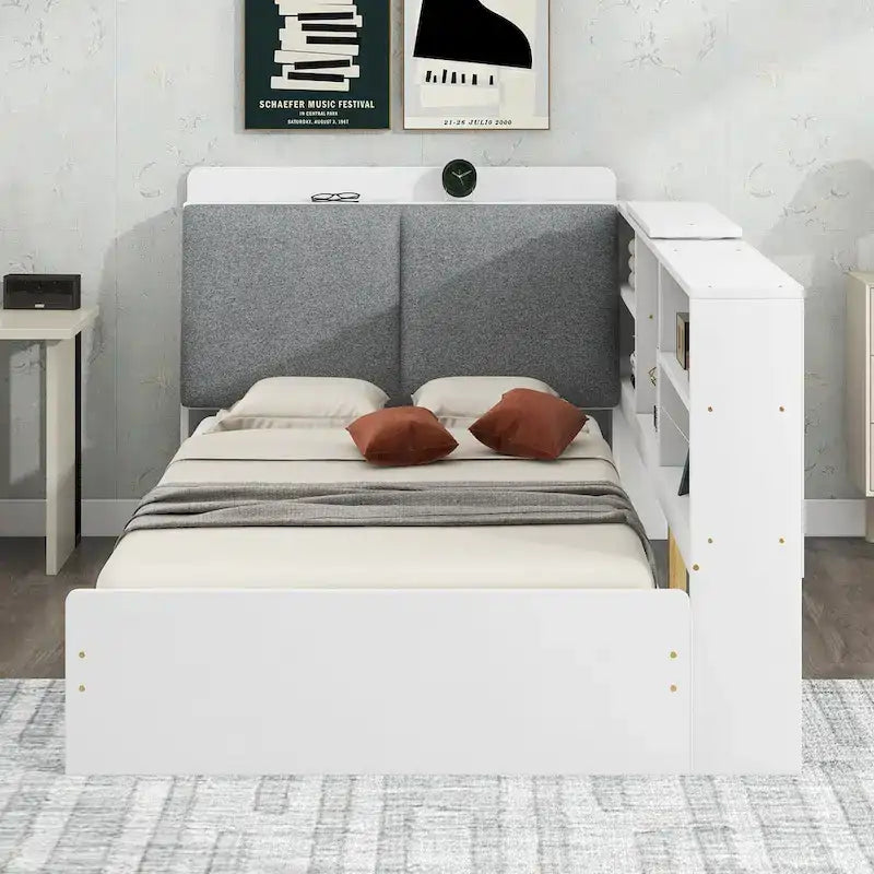 King Upholstered Bed with Storage Headboard, Trundle & 2 Under-Bed Drawers, Solid Wood & MDF