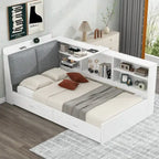 King Upholstered Bed with Storage Headboard, Trundle & 2 Under-Bed Drawers, Solid Wood & MDF