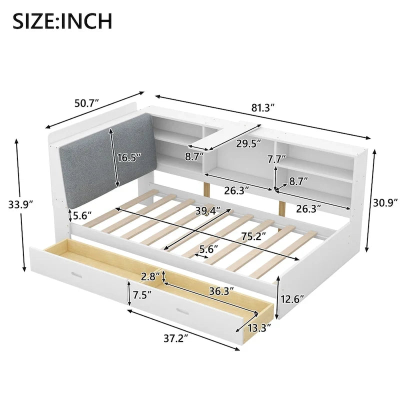 King Upholstered Bed with Storage Headboard, Trundle & 2 Under-Bed Drawers, Solid Wood & MDF