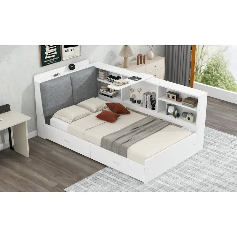 King Upholstered Bed with Storage Headboard, Trundle & 2 Under-Bed Drawers, Solid Wood & MDF