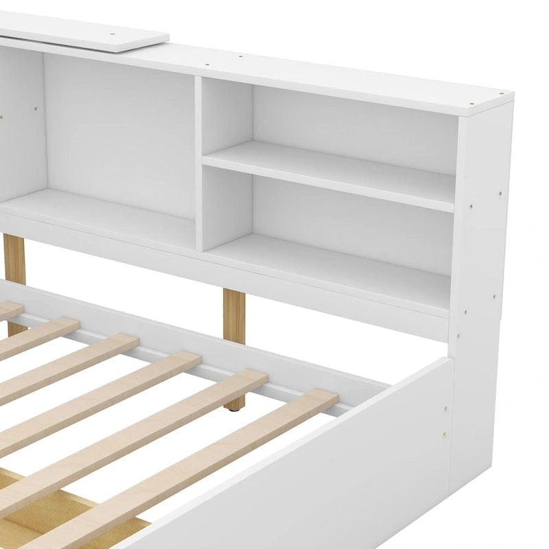 King Upholstered Bed with Storage Headboard, Trundle & 2 Under-Bed Drawers, Solid Wood & MDF