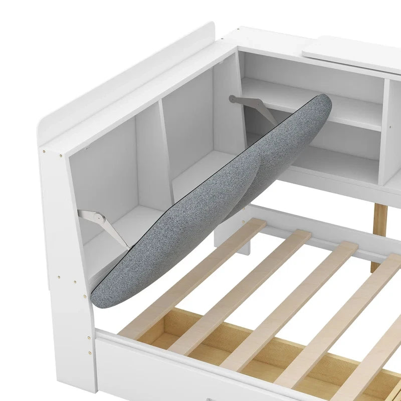 King Upholstered Bed with Storage Headboard, Trundle & 2 Under-Bed Drawers, Solid Wood & MDF