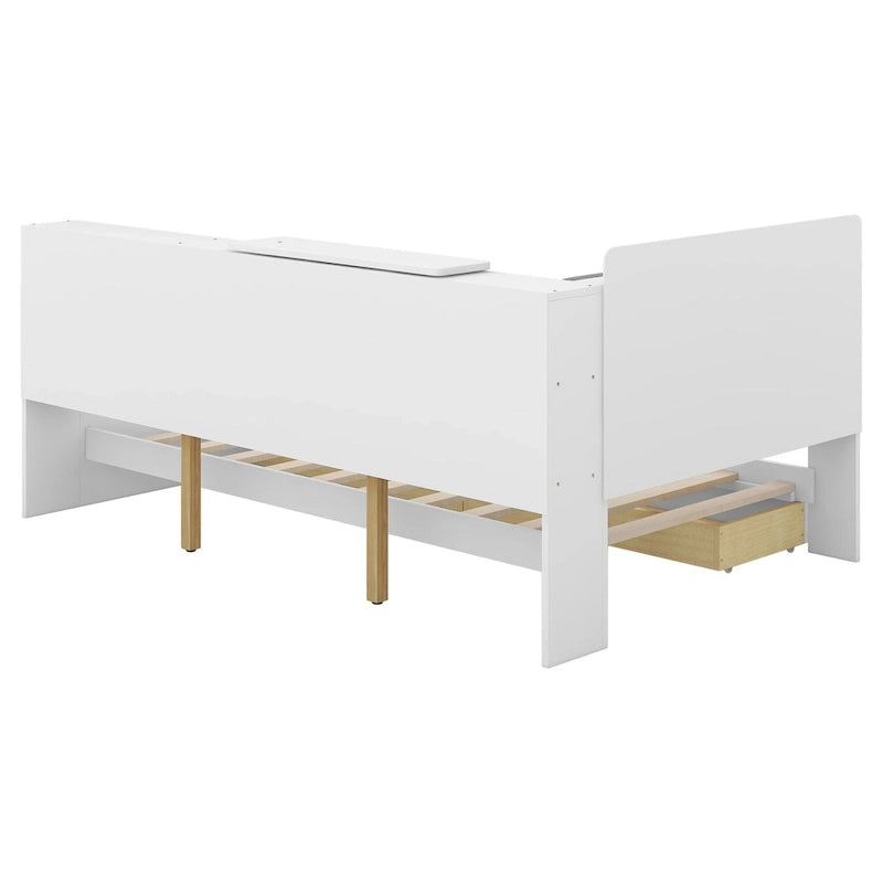 King Upholstered Bed with Storage Headboard, Trundle & 2 Under-Bed Drawers, Solid Wood & MDF