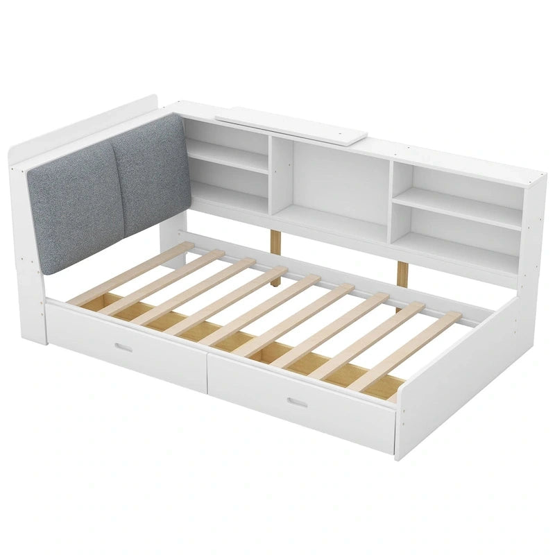 King Upholstered Bed with Storage Headboard, Trundle & 2 Under-Bed Drawers, Solid Wood & MDF