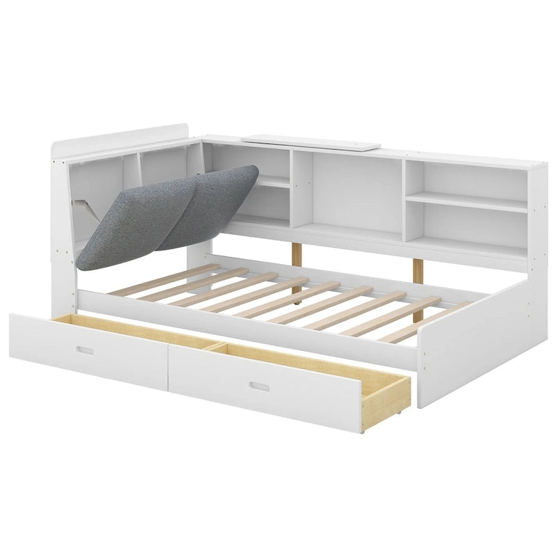 King Upholstered Bed with Storage Headboard, Trundle & 2 Under-Bed Drawers, Solid Wood & MDF