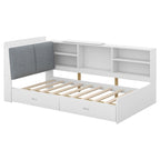 King Upholstered Bed with Storage Headboard, Trundle & 2 Under-Bed Drawers, Solid Wood & MDF
