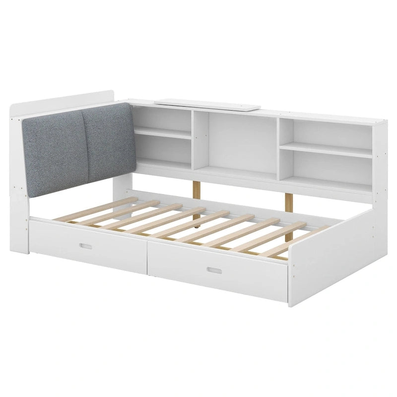 King Upholstered Bed with Storage Headboard, Trundle & 2 Under-Bed Drawers, Solid Wood & MDF