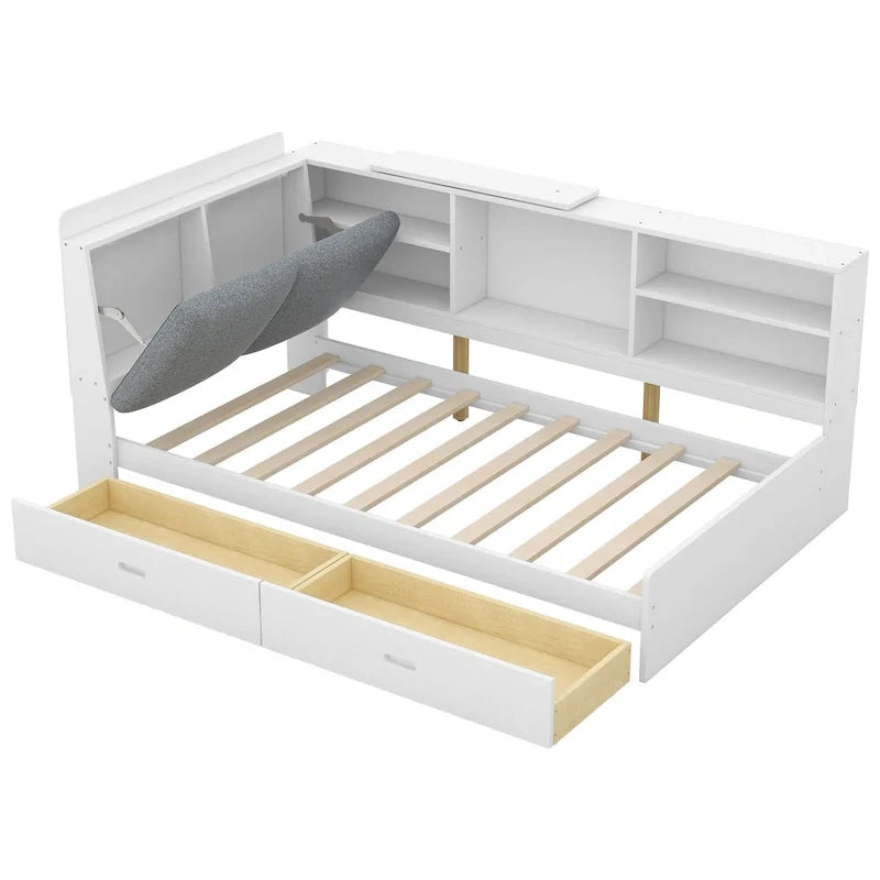 King Upholstered Bed with Storage Headboard, Trundle & 2 Under-Bed Drawers, Solid Wood & MDF