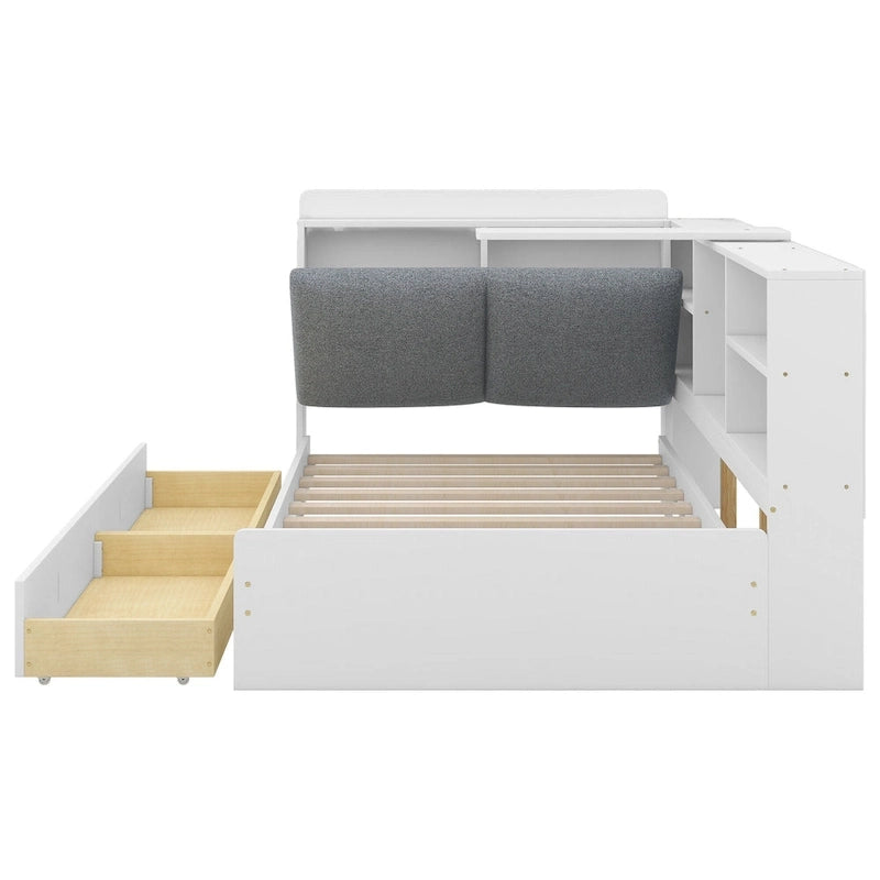 King Upholstered Bed with Storage Headboard, Trundle & 2 Under-Bed Drawers, Solid Wood & MDF