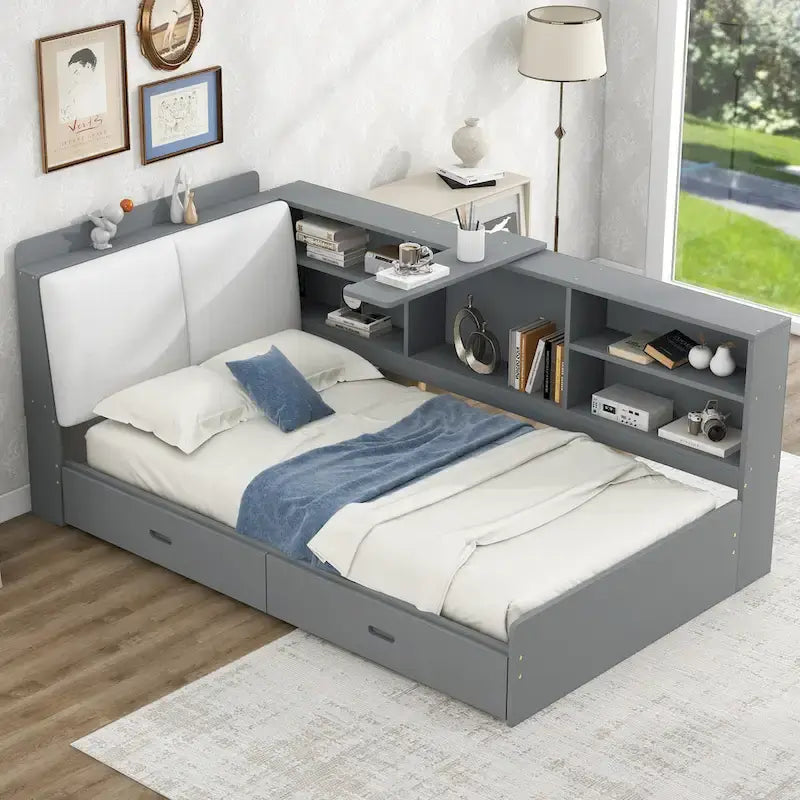King Upholstered Bed with Storage Headboard, Trundle & 2 Under-Bed Drawers, Solid Wood & MDF