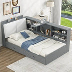 King Upholstered Bed with Storage Headboard, Trundle & 2 Under-Bed Drawers, Solid Wood & MDF