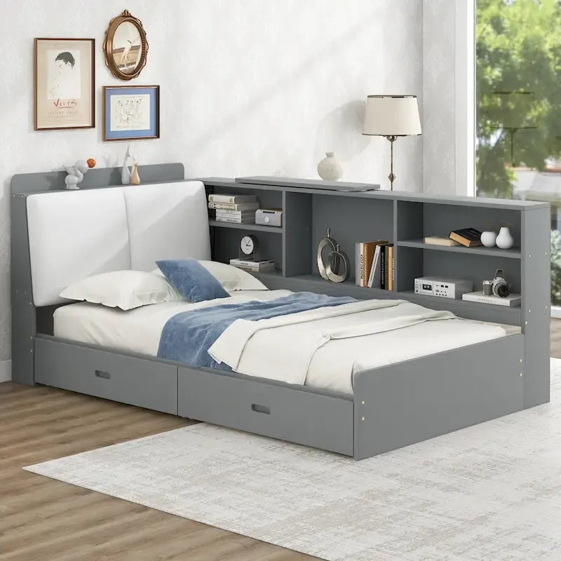 King Upholstered Bed with Storage Headboard, Trundle & 2 Under-Bed Drawers, Solid Wood & MDF