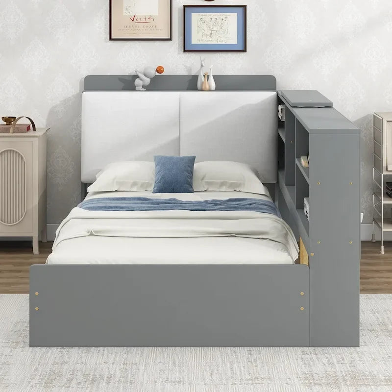 King Upholstered Bed with Storage Headboard, Trundle & 2 Under-Bed Drawers, Solid Wood & MDF