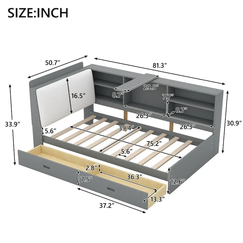 King Upholstered Bed with Storage Headboard, Trundle & 2 Under-Bed Drawers, Solid Wood & MDF
