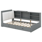 King Upholstered Bed with Storage Headboard, Trundle & 2 Under-Bed Drawers, Solid Wood & MDF
