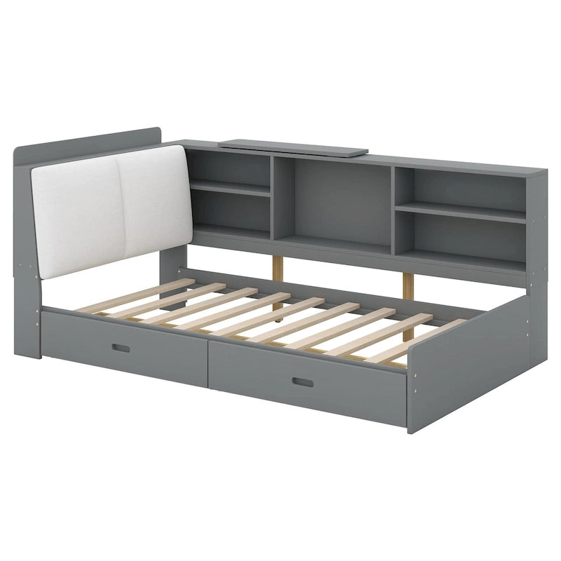 King Upholstered Bed with Storage Headboard, Trundle & 2 Under-Bed Drawers, Solid Wood & MDF