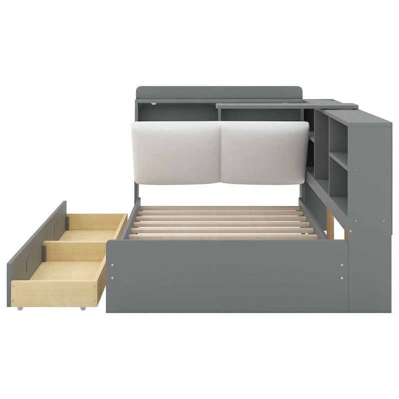 King Upholstered Bed with Storage Headboard, Trundle & 2 Under-Bed Drawers, Solid Wood & MDF