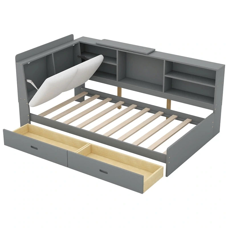King Upholstered Bed with Storage Headboard, Trundle & 2 Under-Bed Drawers, Solid Wood & MDF