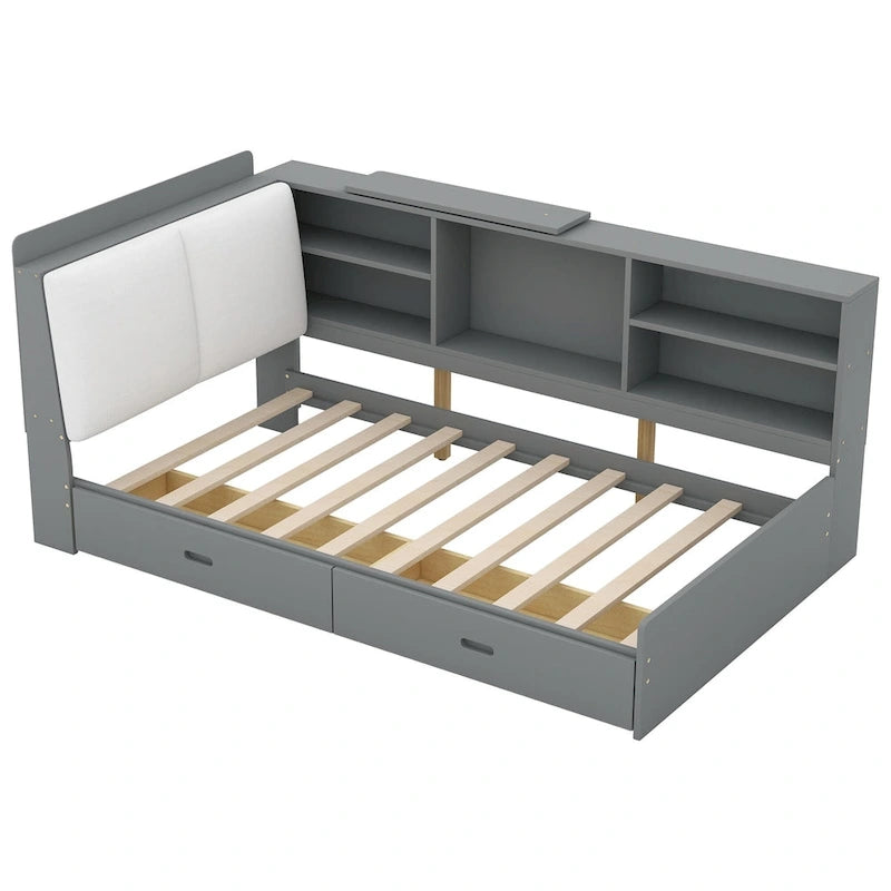 King Upholstered Bed with Storage Headboard, Trundle & 2 Under-Bed Drawers, Solid Wood & MDF