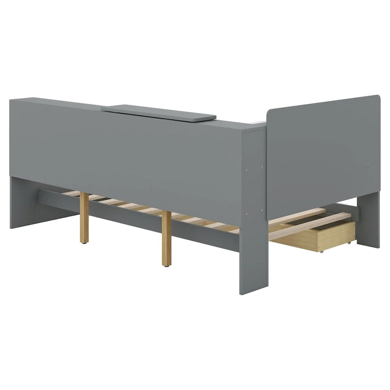 King Upholstered Bed with Storage Headboard, Trundle & 2 Under-Bed Drawers, Solid Wood & MDF