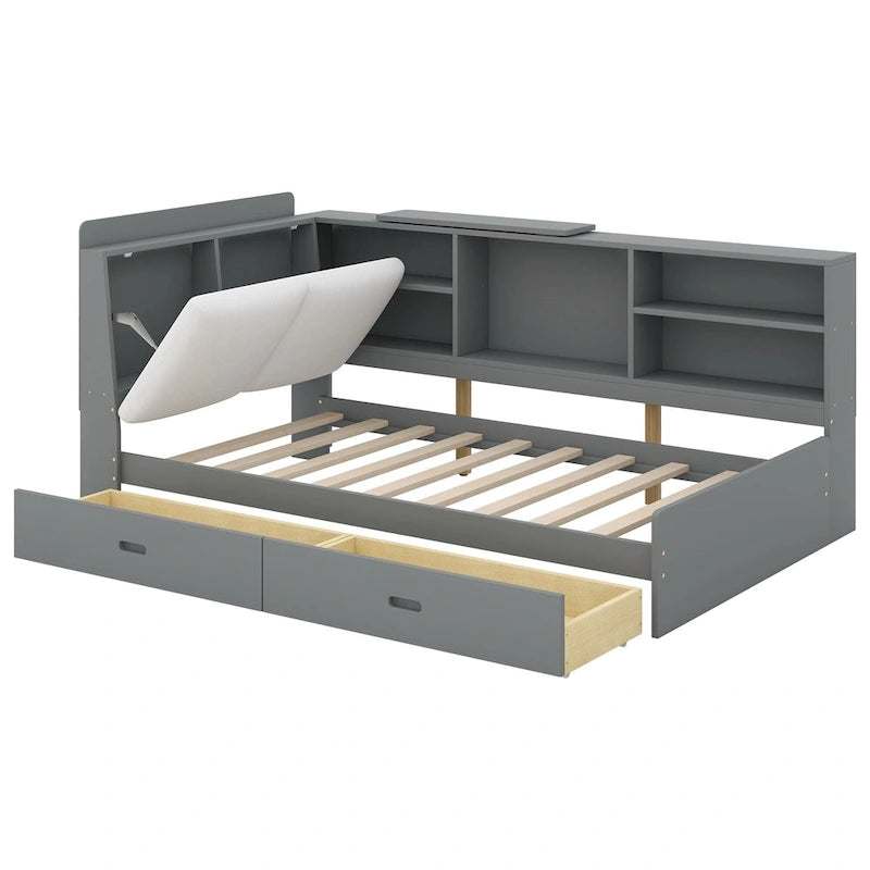 King Upholstered Bed with Storage Headboard, Trundle & 2 Under-Bed Drawers, Solid Wood & MDF