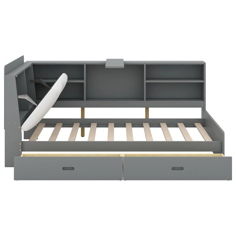 King Upholstered Bed with Storage Headboard, Trundle & 2 Under-Bed Drawers, Solid Wood & MDF