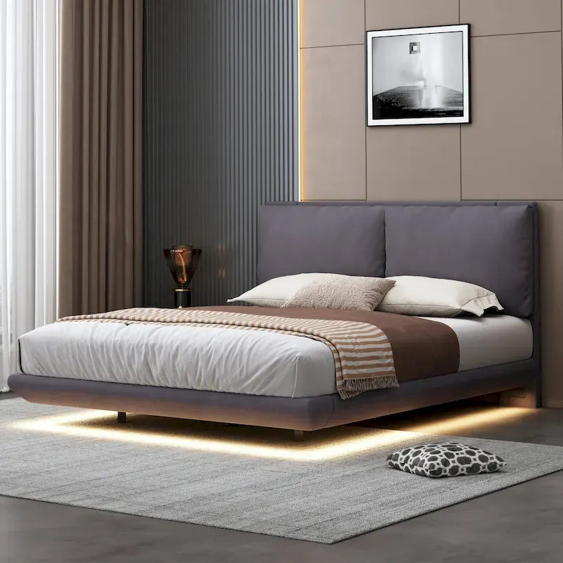 Queen Velvet Upholstered Floating Platform Bed with Motion Sensor Light & USB Ports