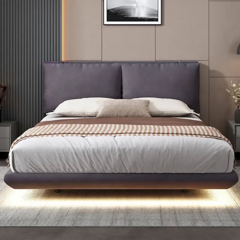 Queen Velvet Upholstered Floating Platform Bed with Motion Sensor Light & USB Ports