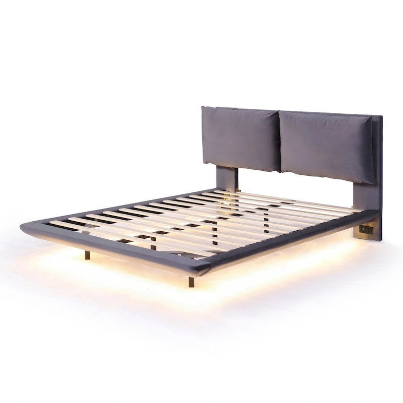 Queen Velvet Upholstered Floating Platform Bed with Motion Sensor Light & USB Ports