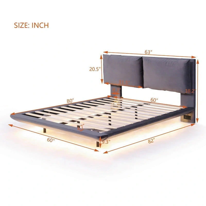 Queen Velvet Upholstered Floating Platform Bed with Motion Sensor Light & USB Ports