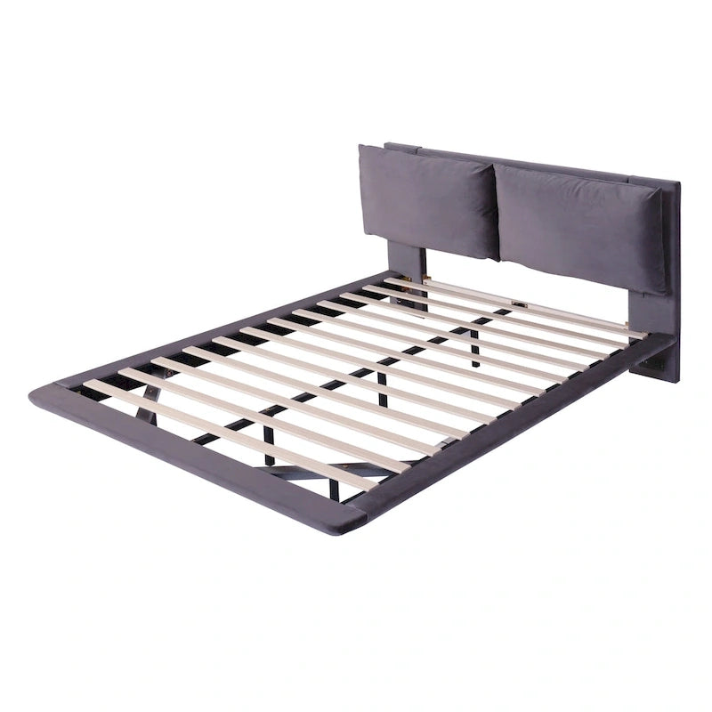 Queen Velvet Upholstered Floating Platform Bed with Motion Sensor Light & USB Ports