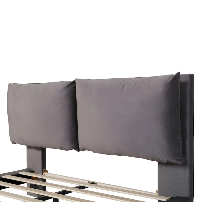 Queen Velvet Upholstered Floating Platform Bed with Motion Sensor Light & USB Ports