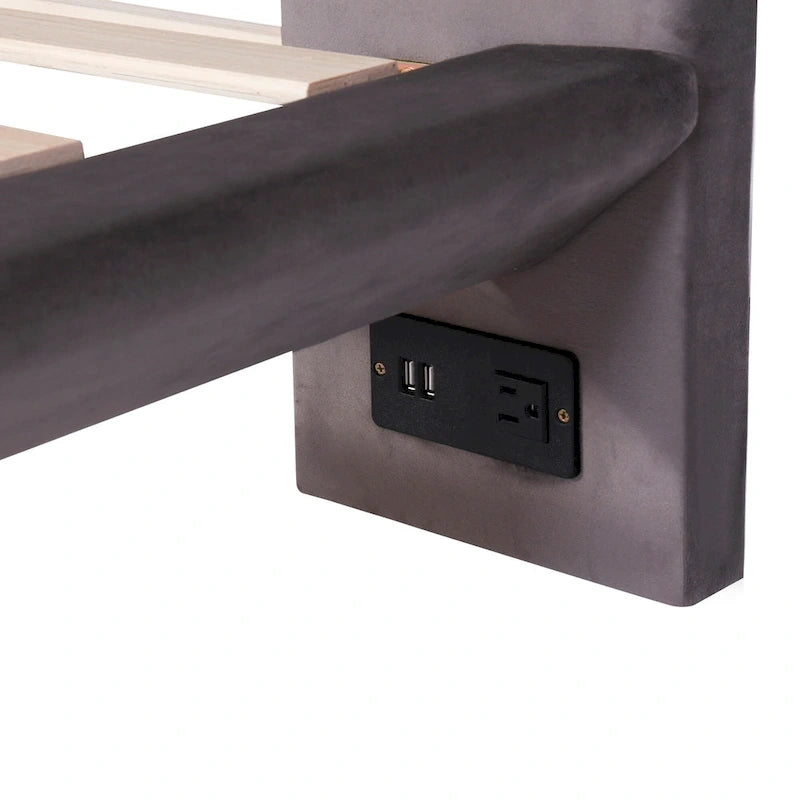 Queen Velvet Upholstered Floating Platform Bed with Motion Sensor Light & USB Ports