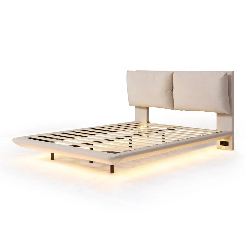 Queen Velvet Upholstered Floating Platform Bed with Motion Sensor Light & USB Ports